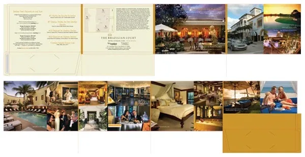The rebuilt mailer laid out flat: offer and map panels, hotel photo spreads, and the gold pocket with die lines for the insert slits