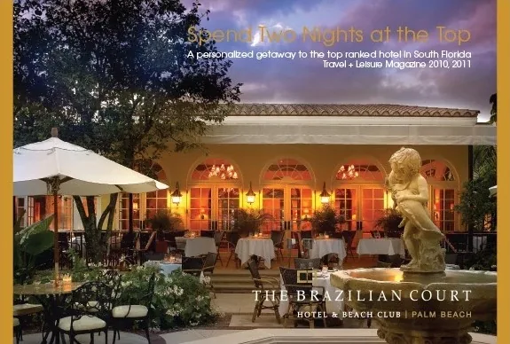 The Brazilian Court mailer cover, Spend Two Nights at the Top: the hotel's courtyard restaurant at dusk with a cherub fountain