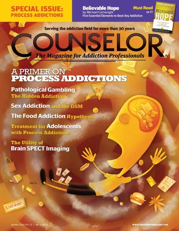 Counselor magazine October 2012 cover illustration: a figure tumbling into a swirling vortex of pizza, dice, money, pills and cheeseburgers, a stomach full of junk food, for the Process Addictions special issue