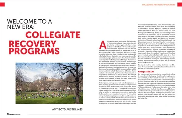 Counselor April 2015 spread, Welcome to a New Era: Collegiate Recovery Programs, with a campus lawn photo and a red drop cap