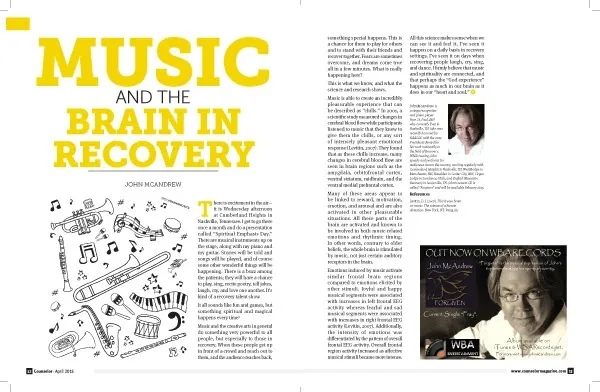 Counselor April 2015 spread, Music and the Brain in Recovery: yellow display type over line drawings of instruments, with an author photo and an album ad