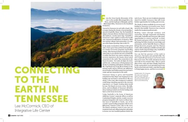 Counselor April 2015 spread, Connecting to the Earth in Tennessee: a misty Smoky Mountains photo across the gutter above green display type