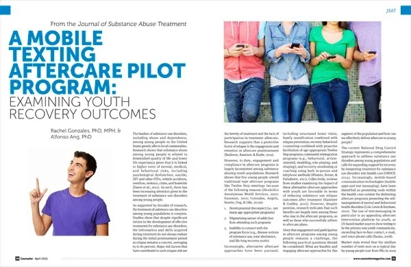 Counselor April 2015 spread, A Mobile Texting Aftercare Pilot Program: a large headline over a young man looking at his phone, facing a photo of students texting and three columns of text