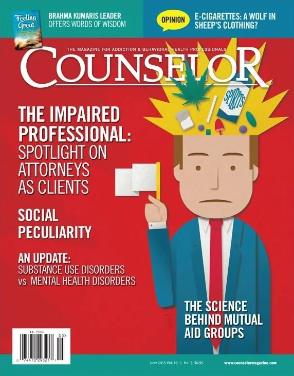 Counselor magazine June 2015 cover: an illustrated attorney waving a white flag, with cannabis, pills and a liquor box bursting from his head, under the headline The Impaired Professional