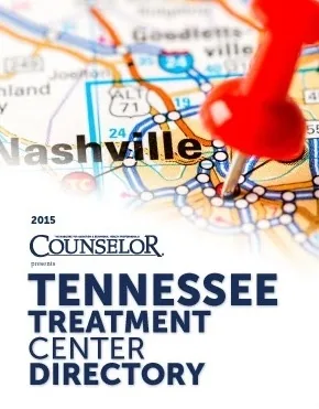 Counselor 2015 Tennessee Treatment Center Directory cover: a red push pin in a road map at Nashville, over navy display type