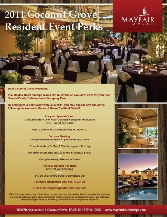 The Mayfair Hotel & Spa flyer, 2011 Coconut Grove Resident Event Perks, with the atrium ballroom and a list of event offers