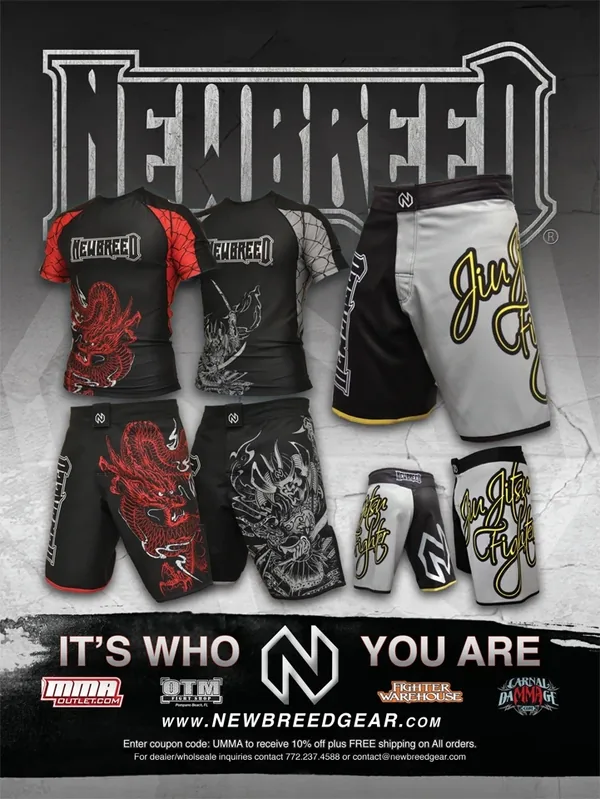 Newbreed print ad: rash guards and fight shorts with dragon, samurai and Jiu Jitsu Fighter graphics, tagline It's Who You Are, and retailer logos