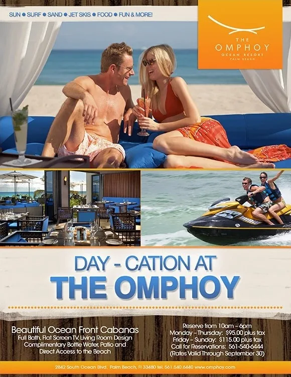 The Omphoy flyer, Day-cation at The Omphoy: a couple on a beach cabana, the restaurant, and jet skis, over cabana rates