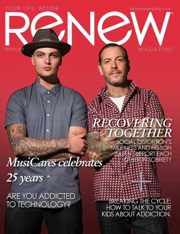 Renew magazine Spring 2015 cover: Mike Ness of Social Distortion and his son Julian, under the headline Recovering Together