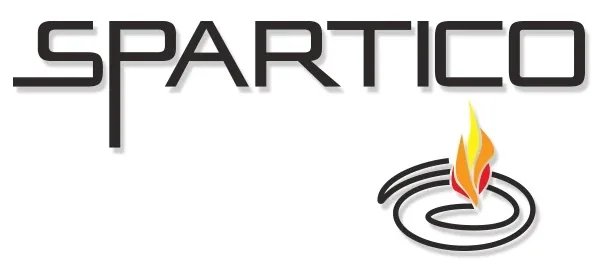 Spartico logo: thin geometric wordmark over a flame rising from a spiral