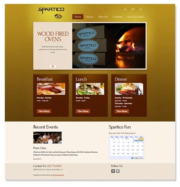 Spartico website home page with the logo, a wood-fired oven slideshow, and breakfast, lunch and dinner menu panels