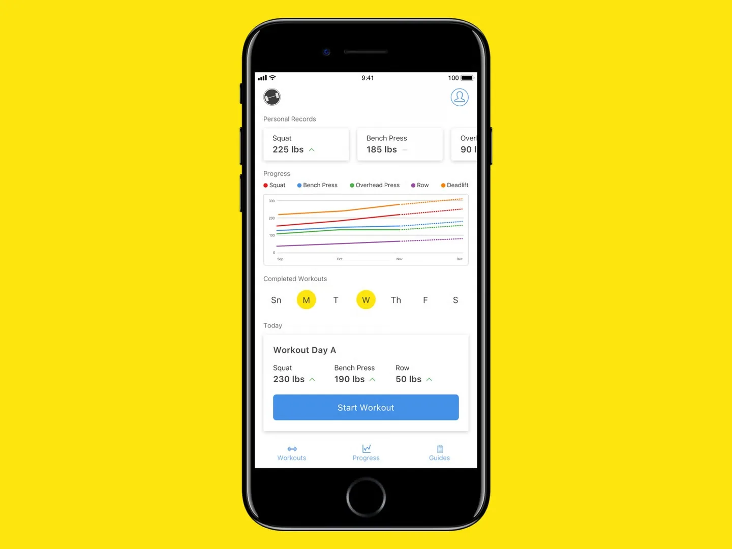 Barbell Academy app on a phone: personal records, a progress chart for five lifts, completed workouts this week, and today's workout with a Start Workout button