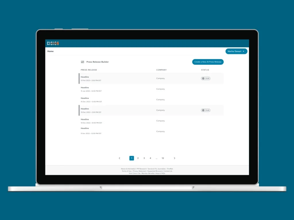 Cision Press Release Builder on a laptop: a list of press releases with headline, date, company and draft status, and a Create a New AI Press Release button