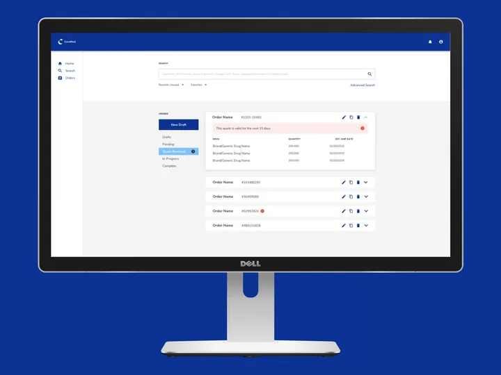 CoraMed buyer dashboard with drug search and an order list showing a quote received
