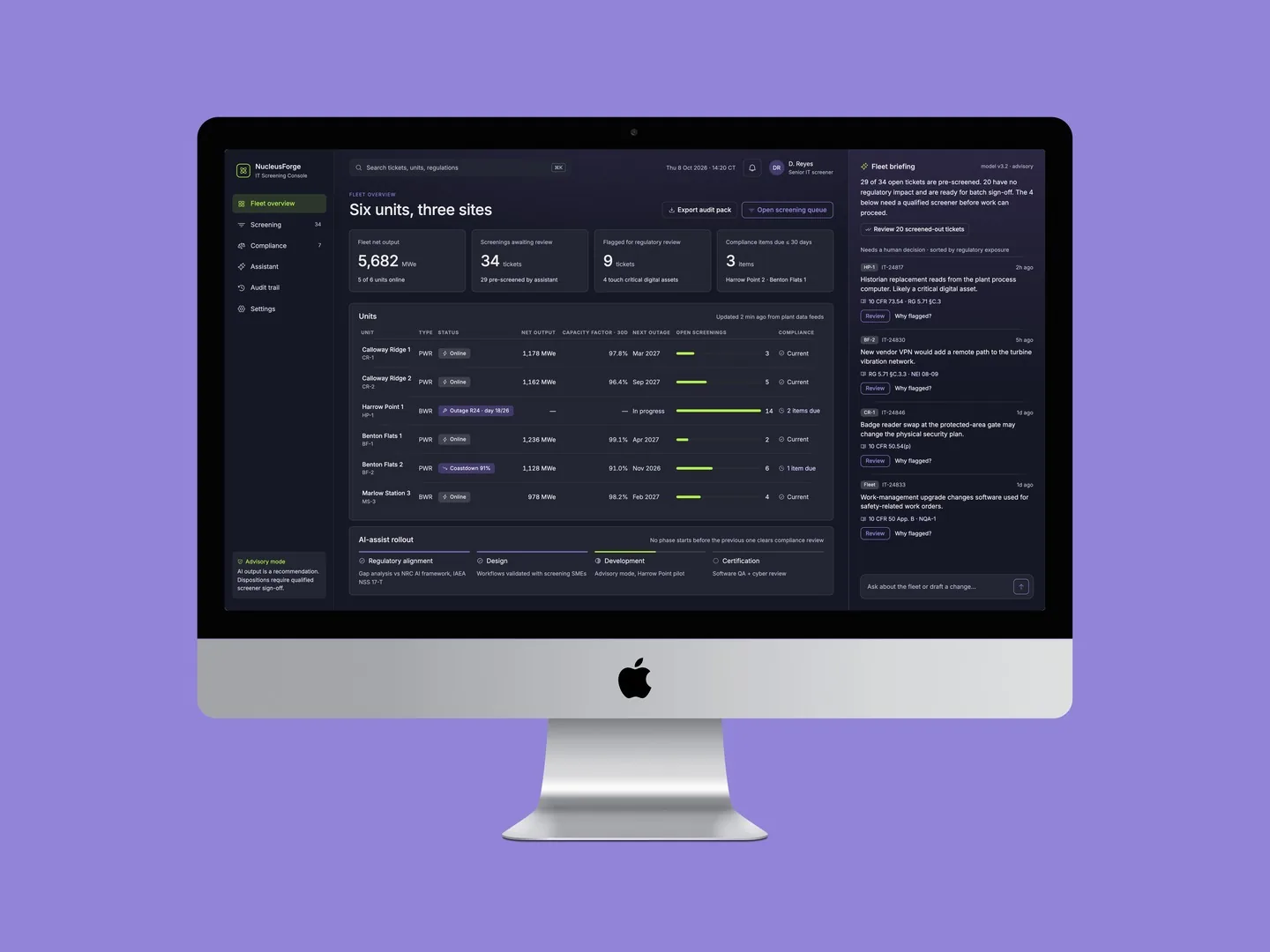 NucleusForge IT screening console on a desktop monitor: fleet overview of six nuclear units with output, outage and screening counts, an AI-assist rollout timeline, and a fleet briefing panel of flagged tickets awaiting review
