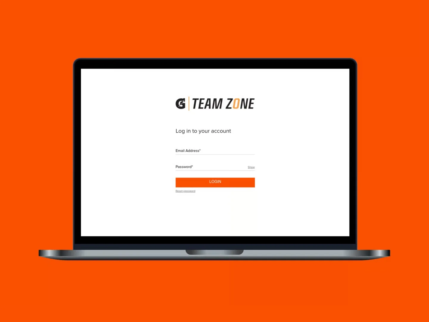 Gatorade Team Zone login screen on a laptop: the G Team Zone logo over email and password fields and an orange Login button