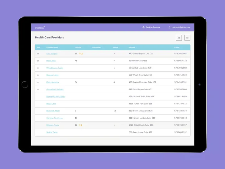 Field Case Manager iPad app for Pfizer / Onco360, showing a list of health care providers with pending and active cases
