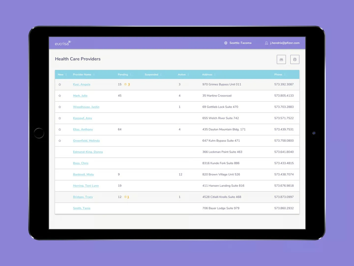 Field Case Manager iPad app for Pfizer / Onco360, showing a list of health care providers with pending and active cases